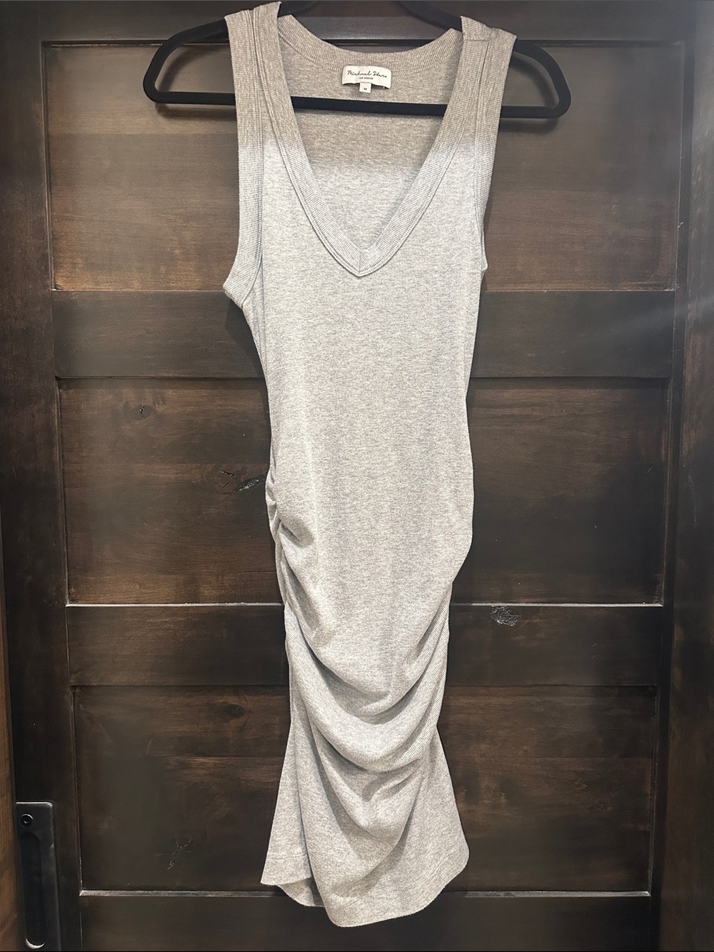 Michael Stars Sleeveless V-Neck Ruched Midi Dress - Light Gray
